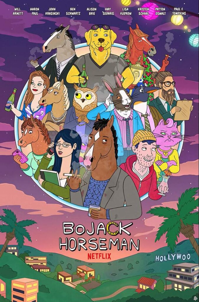 Colorful BoJack Horseman poster featuring animated characters in a Hollywood setting, highlighting the show's cast on Netflix.