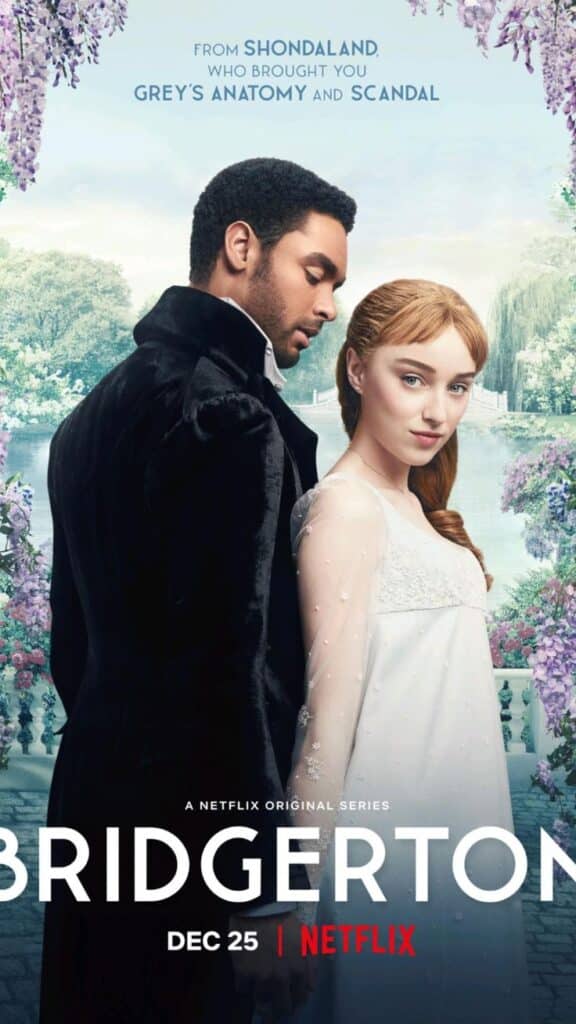 Bridgerton Netflix series poster: a couple in Regency-era attire surrounded by flowers, premiere December 25 on Netflix.