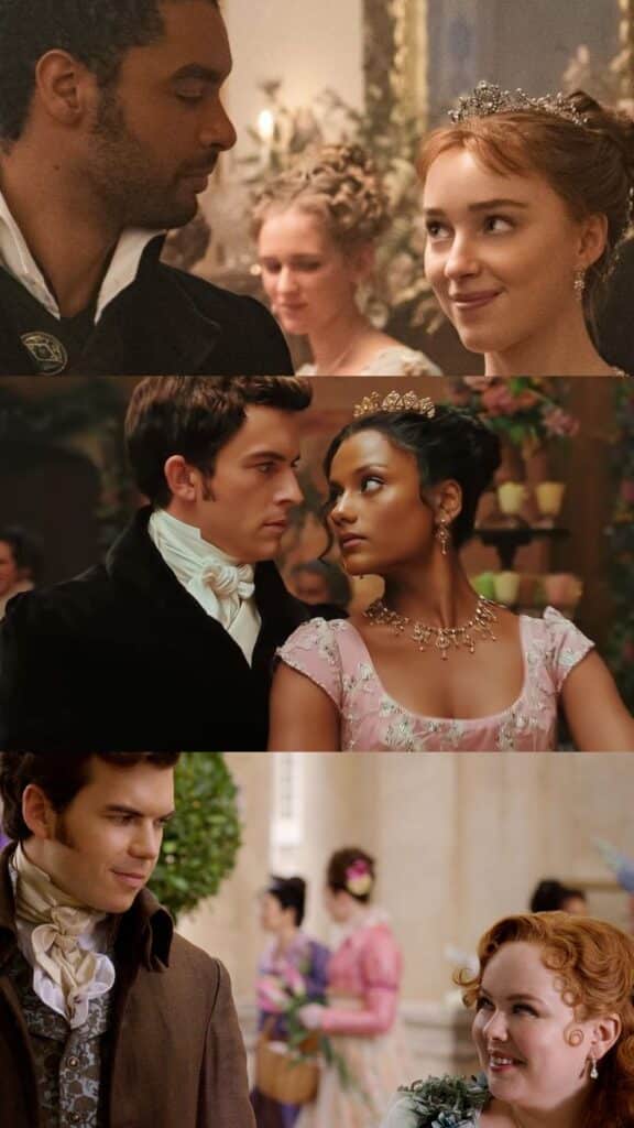 Period drama couples dressed elegantly at a ball, exchanging intimate glances.