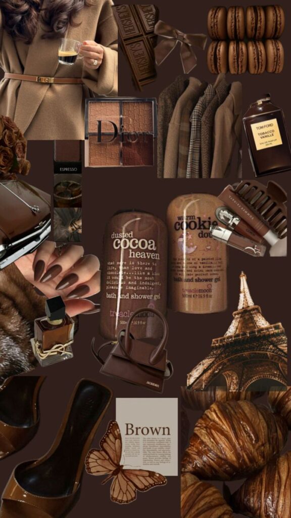 Brown aesthetic collage with fashion, chocolate, coffee, and decor elements, including croissants and the Eiffel Tower.