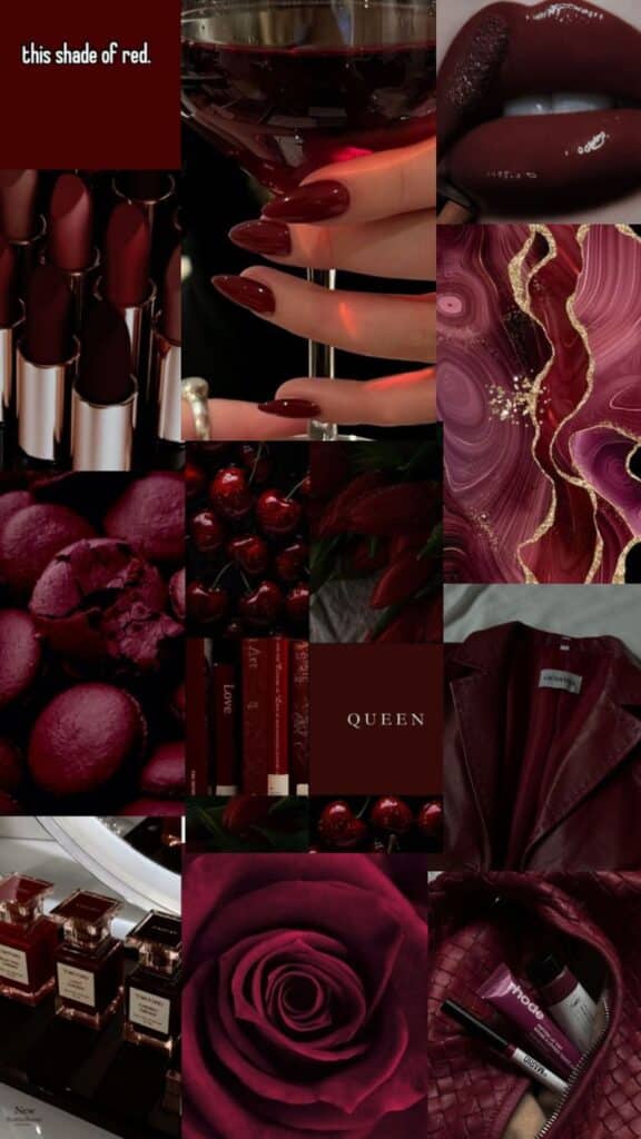 Collage of deep red shades featuring lipstick, nails, wine, rose, and fashion accessories, embodying elegance and luxury.