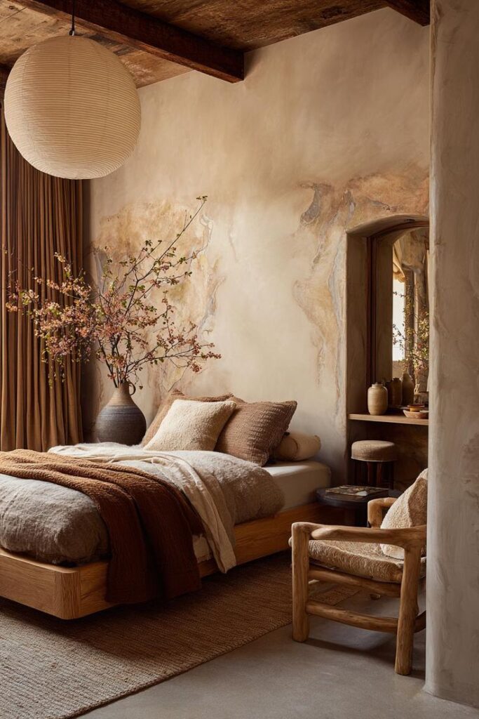 Cozy bedroom with earthy decor, rustic wood furniture, and warm tones. Features a large vase with blossoms and a paper lantern ceiling light.