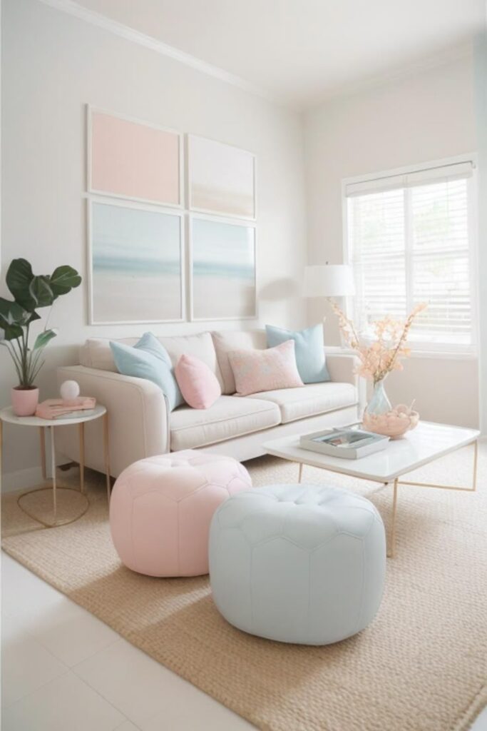 Chic pastel living room with cozy sofa, decorative pillows, poufs, minimalist art, and natural light. Perfect modern interior design.