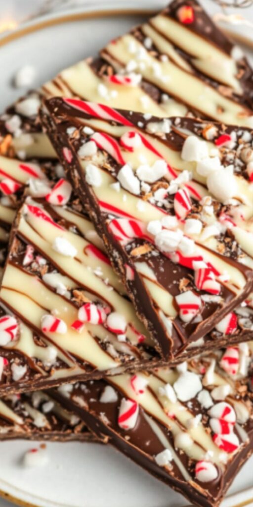 Festive peppermint chocolate bark with white chocolate drizzle and candy cane pieces on a plate. Perfect holiday treat.