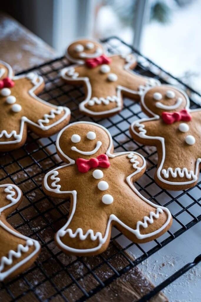 Smiling gingerbread cookies with red bows cooling on a rack, perfect for a festive holiday treat or Christmas decoration.