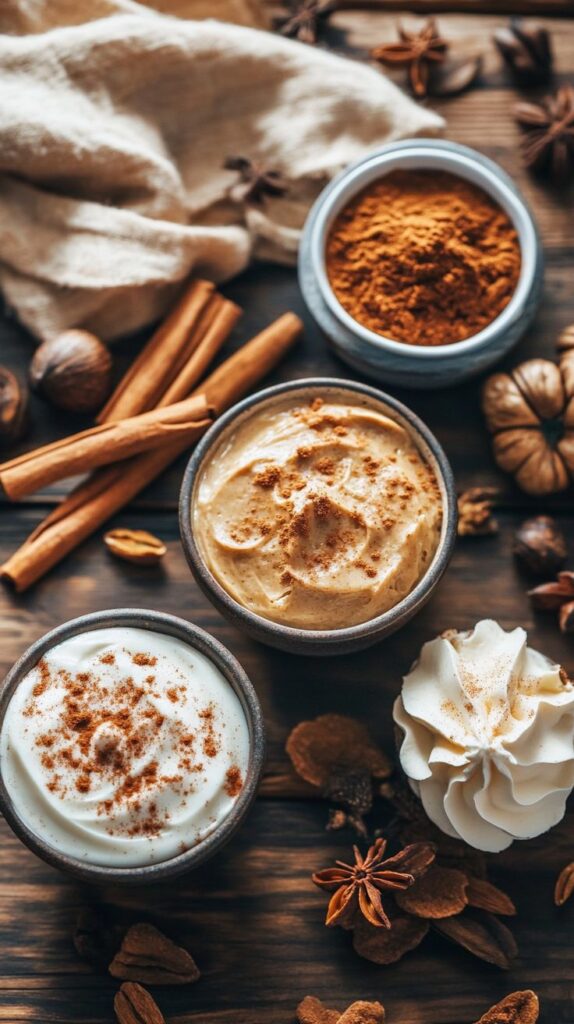 Cozy fall spices with whipped cream, cinnamon sticks, and star anise in rustic bowls on a wooden table. Perfect for autumn recipes.
