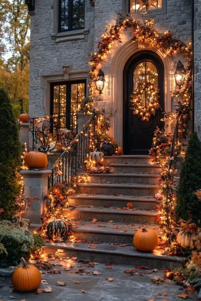 Elegant autumn entrance with pumpkins, twinkling lights, and fall leaves adorning stone steps for a cozy Halloween vibe.