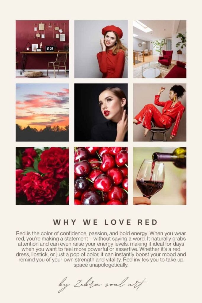 Collage showcasing the power of red in fashion, decor, nature, and mood. Highlights include flowers, cherries, and wine.