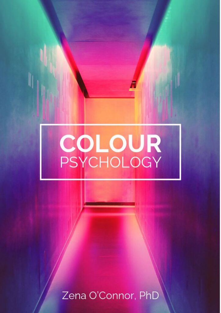 Vibrant neon hallway with text Colour Psychology by Zena O'Connor, PhD, highlighting the study of color effects.