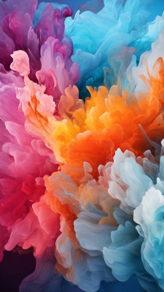 Vibrant abstract digital art with swirling colors of blue, orange, and pink, resembling a dynamic cloud formation.