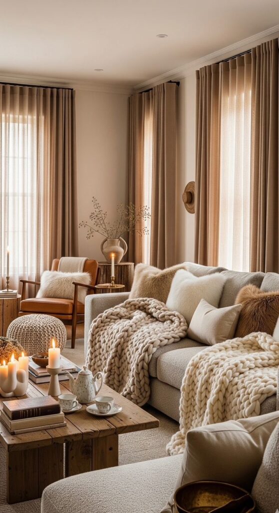 Cozy living room with neutral tones, comfy sofa, knit throw, wooden coffee table, candles, and natural light through large curtains.