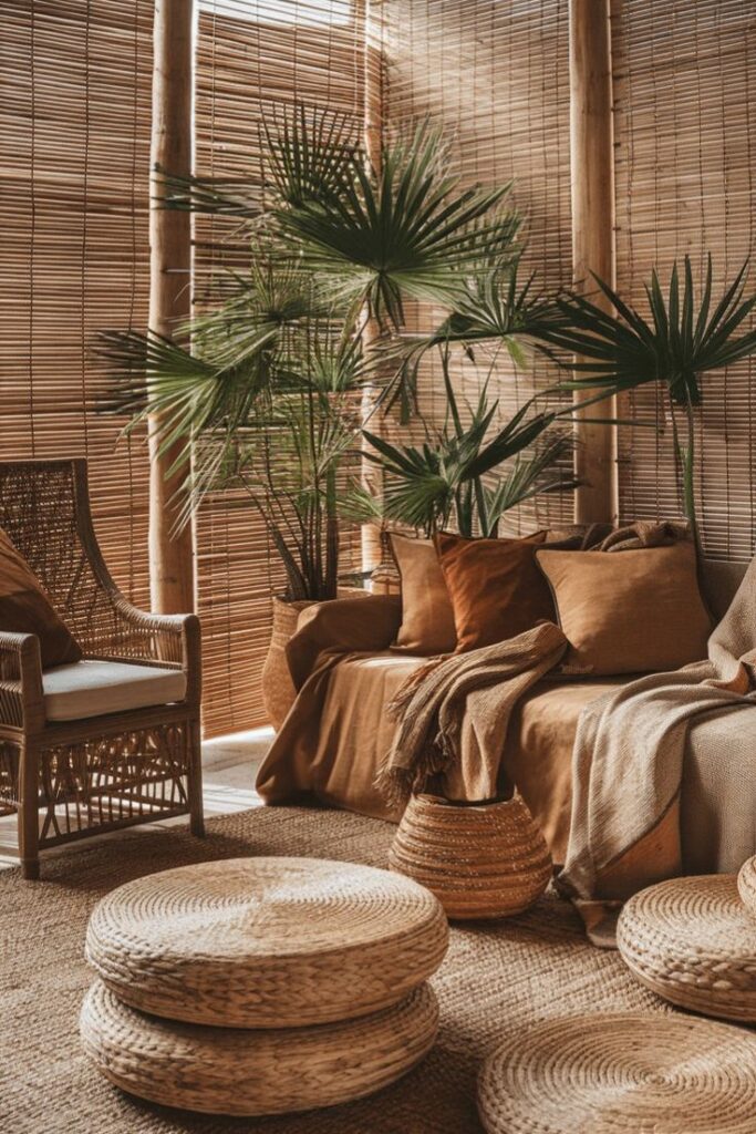 Cozy boho room with bamboo decor, palm plants, wicker furniture, earth-toned textiles, and natural lighting. Perfect for relaxation.