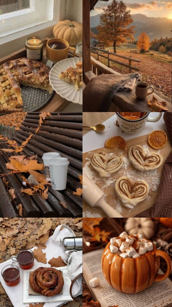 Cozy autumn collage with hot drinks, pastries, and a scenic fall landscape, surrounded by pumpkins and leaves. Warm, inviting vibe.