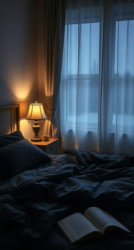 Cozy bedroom at dusk with a lamp glowing softly, open book on bed, and sheer curtains framing the window view.