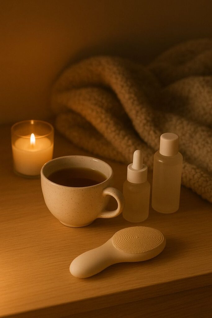 Cozy relaxation setup with candle, tea, skincare bottles, brush, and a blanket on a wooden surface, perfect for self-care moments.