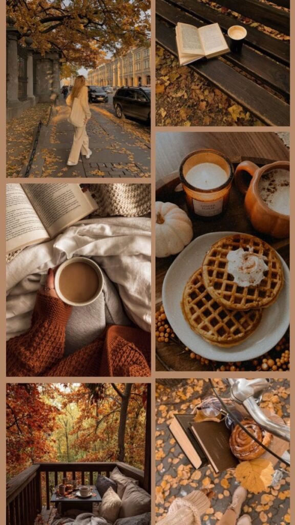 Cozy autumn vibes: woman strolling, reading with coffee, waffles, candles, fall foliage, and comfy nook with pillows.