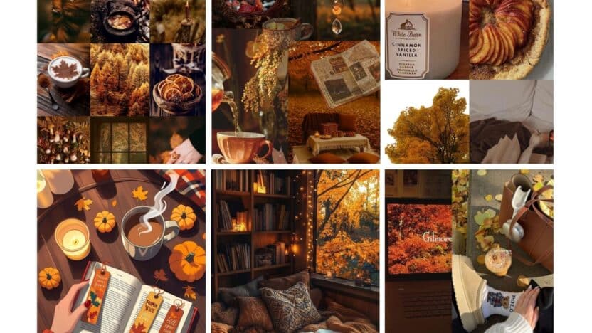 Collage of cozy autumn scenes: warm drinks, books, candles, and fall foliage, creating a perfect seasonal ambiance.