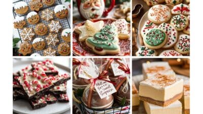 Assorted holiday treats: gingerbread cookies, festive sugar cookies, peppermint bark, cocoa gift jars, and creamy desserts.