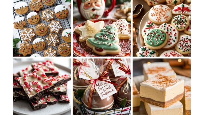 Assorted holiday treats: gingerbread cookies, festive sugar cookies, peppermint bark, cocoa gift jars, and creamy desserts.