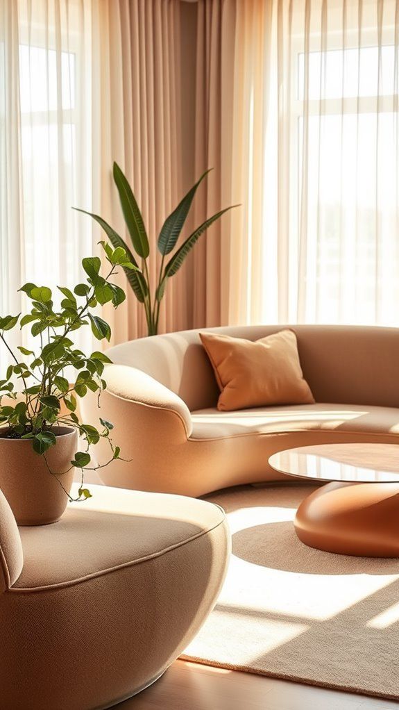Modern living room with beige sofas, lush indoor plants, and soft natural light through sheer curtains. Cozy and elegant interior design.
