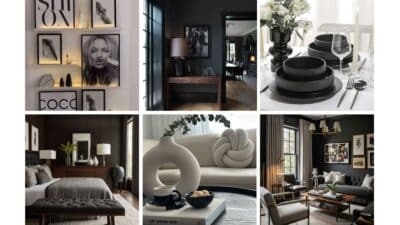 Modern home interior design collage featuring monochrome decor, stylish furniture, and elegant tableware in a luxurious setting.