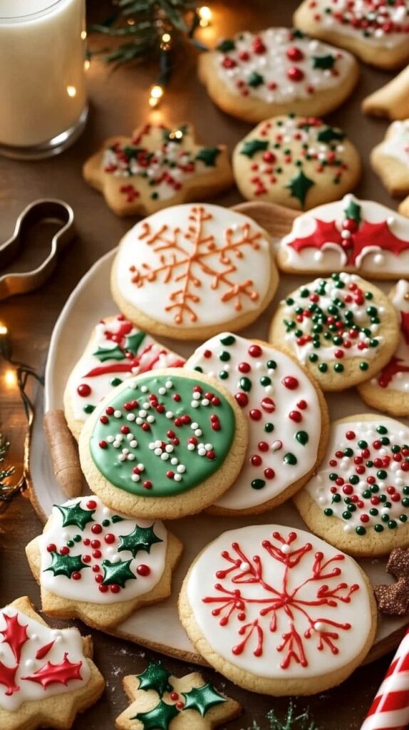 Festive Christmas cookies decorated with colorful icing and surrounded by holiday lights, perfect for holiday baking inspiration.