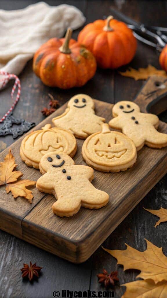 Halloween cookies shaped like ghosts and pumpkins on a wooden board with pumpkins and autumn leaves in the background.