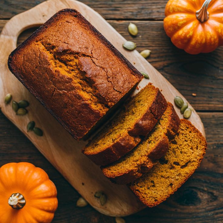 Freshly baked pumpkin bread sliced on a wooden board with mini pumpkins. Perfect for fall gatherings and cozy breakfasts.
