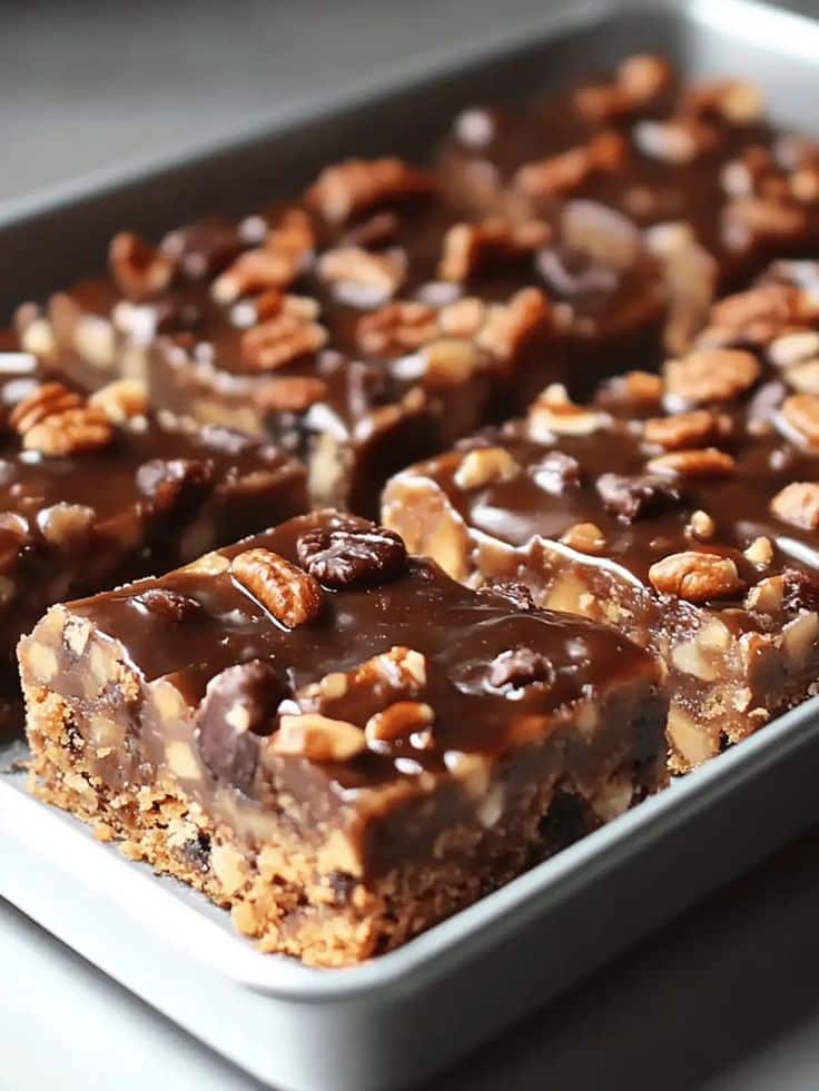 Delicious homemade pecan brownies with rich chocolate glaze in a baking pan, perfect dessert treat.