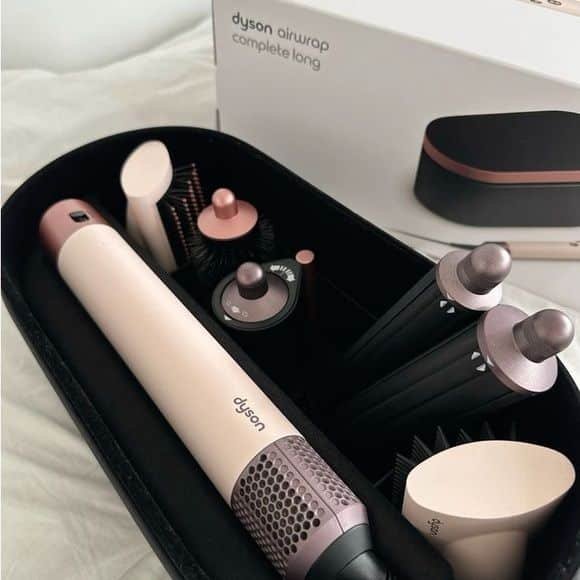 Dyson Airwrap Complete Long styling set with attachments in case, ideal for versatile hair styling and curling.