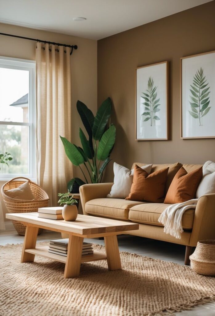 Cozy living room with beige sofa, rust pillows, wooden coffee table, lush plant, and framed leaf prints on the wall.