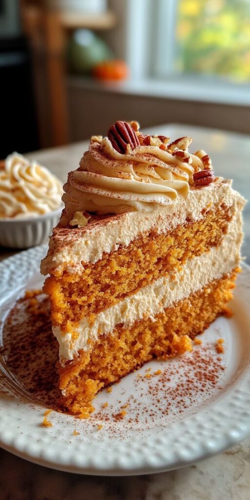 Delicious slice of pumpkin spice cake with creamy frosting, pecans, and cinnamon, perfect for autumn indulgence.