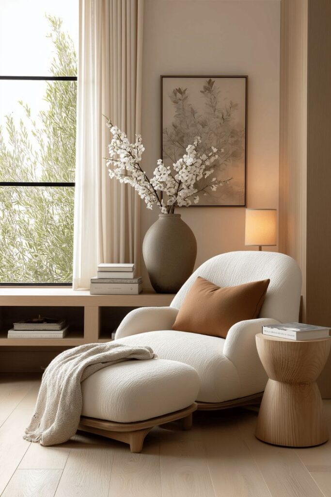 Cozy minimalist living room with white armchair, brown pillow, and large vase with flowers near window. Elegant interior design.