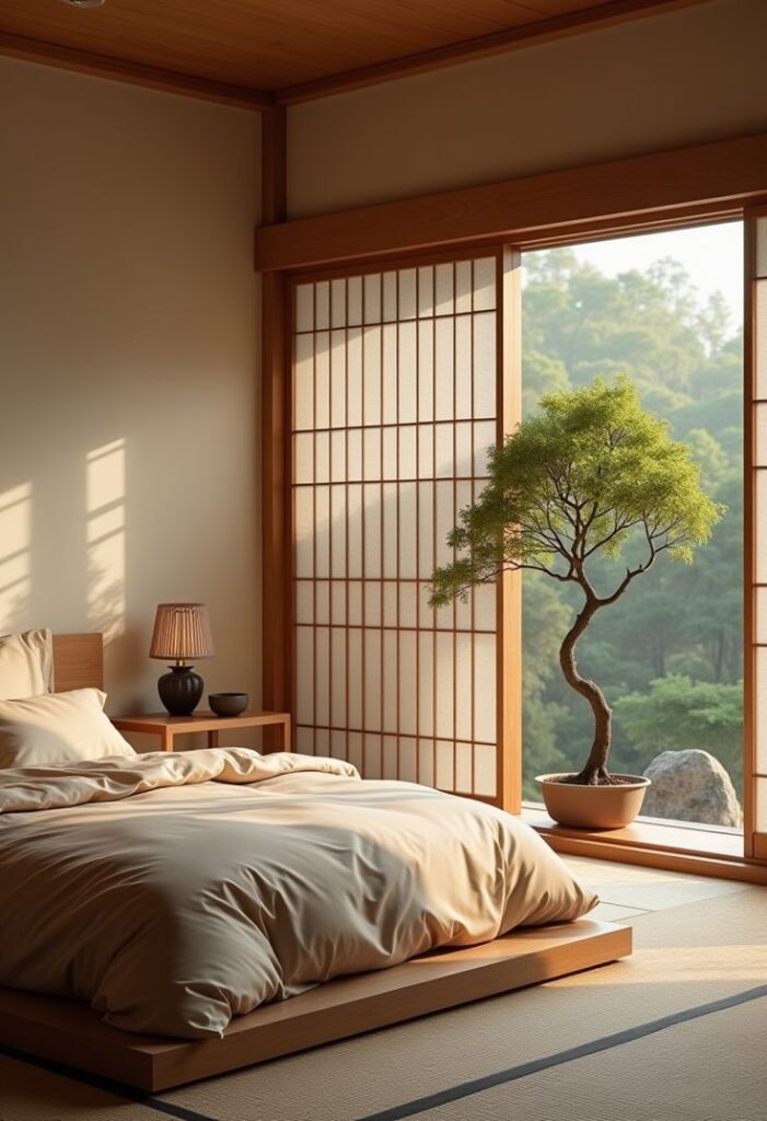 Minimalist Japanese bedroom with futon and bonsai, featuring shoji screens and soft lighting for a serene, natural ambiance.