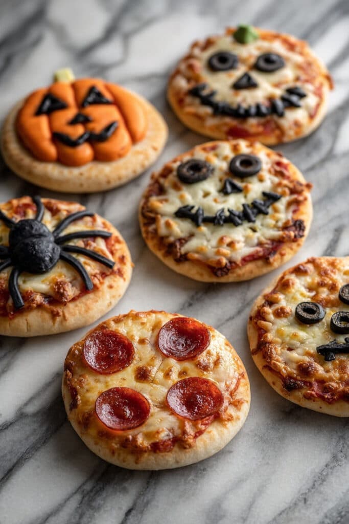 Mini Halloween-themed pizzas with creative toppings shaped like pumpkins and faces on a marble counter. Perfect for spooky parties!