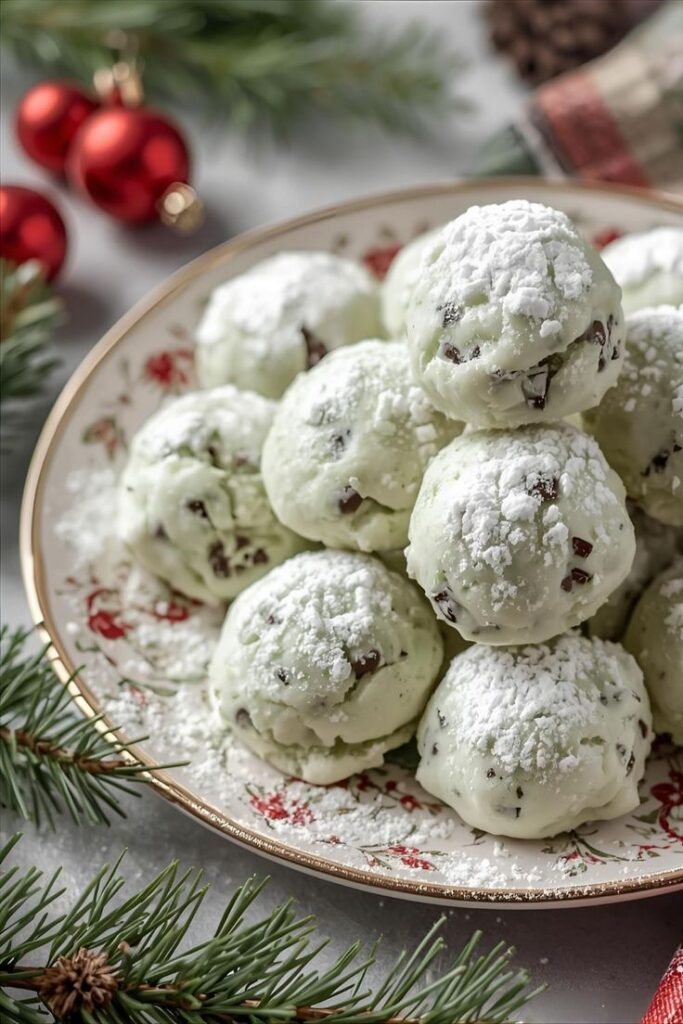 Festive plate of mint chocolate snowball cookies dusted with powdered sugar, surrounded by pine branches and red ornaments.
