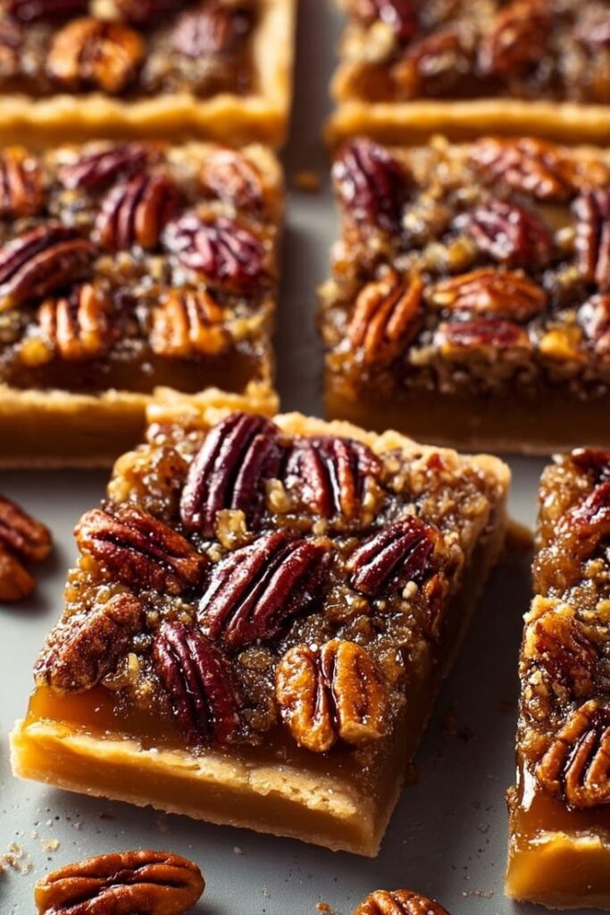 Pecan pie bars with a buttery crust and rich caramel filling, topped with crunchy pecans. Perfect for holiday desserts.