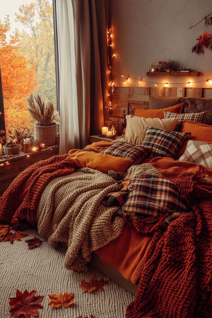 Cozy autumn bedroom with warm blankets, pillows, string lights, and fall decor. Large window with vibrant fall foliage view.