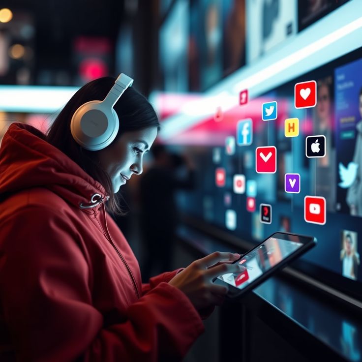 Woman using a tablet with headphones, exploring social media icons in a digital environment.
