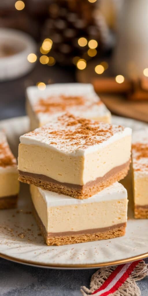 Creamy cheesecake bars topped with cinnamon on a festive plate, perfect for holiday desserts and indulgent treats.