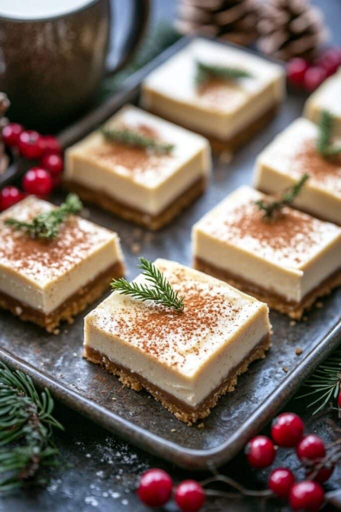 Festive cheesecake bars topped with cinnamon and sprigs, garnished with cranberries and pinecones, perfect for holiday celebrations.