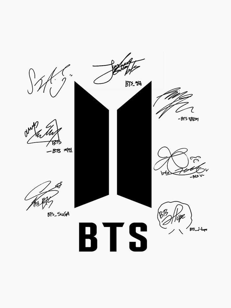 BTS logo with autographs of members. Monochrome design featuring signatures around the iconic symbol. K-pop band memorabilia.