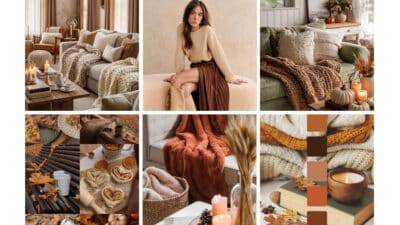Cozy autumn collage: warm knits, candles, earthy tones, and seasonal decor creating a perfect fall ambiance.