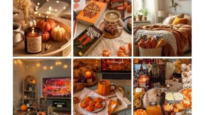Cozy autumn vibe with candles, pumpkins, books, and warm decor. Perfect fall inspiration for a snug home atmosphere.