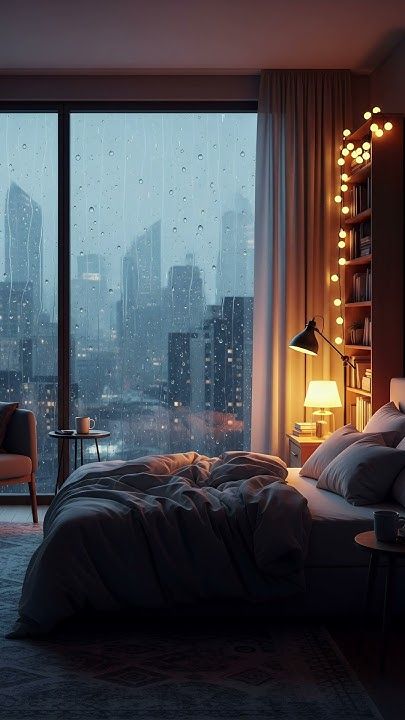 Cozy bedroom with a rainy city view, warm lighting, and a cup of coffee by the window, creating a serene and inviting atmosphere.