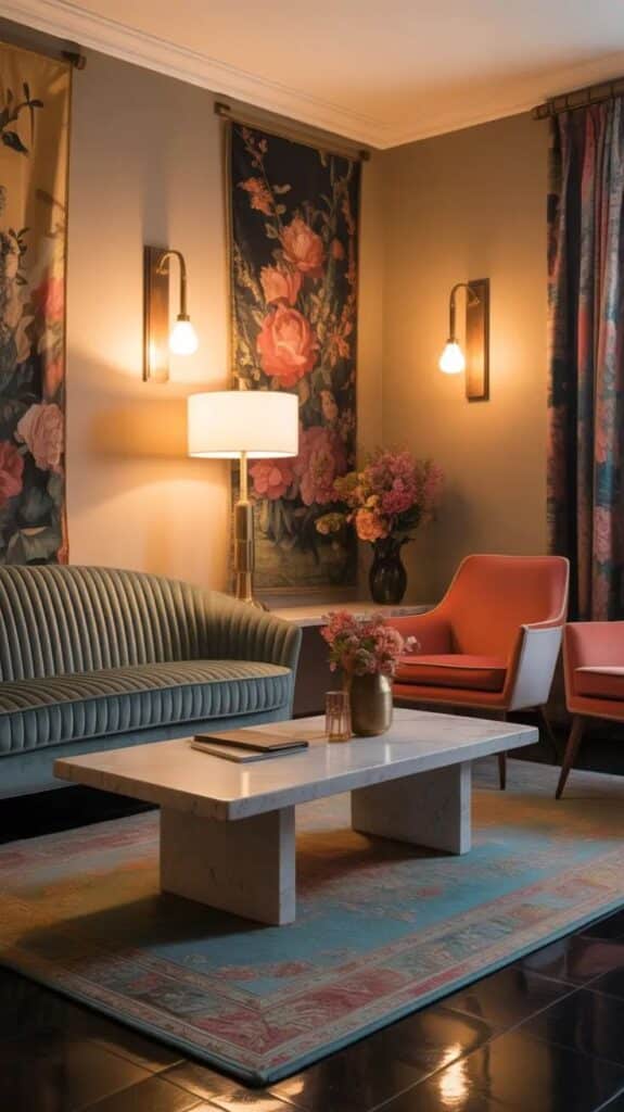 Stylish living room with a velvet sofa, floral decor, marble coffee table, and warm lighting. Cozy ambiance for elegant interiors.