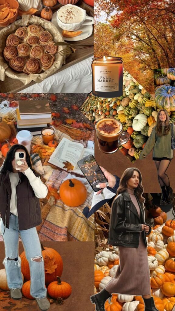 Autumn collage with pumpkins, cozy outfits, a fall candle, cinnamon rolls, hot drinks, and vibrant fall leaves. Perfect fall vibes!