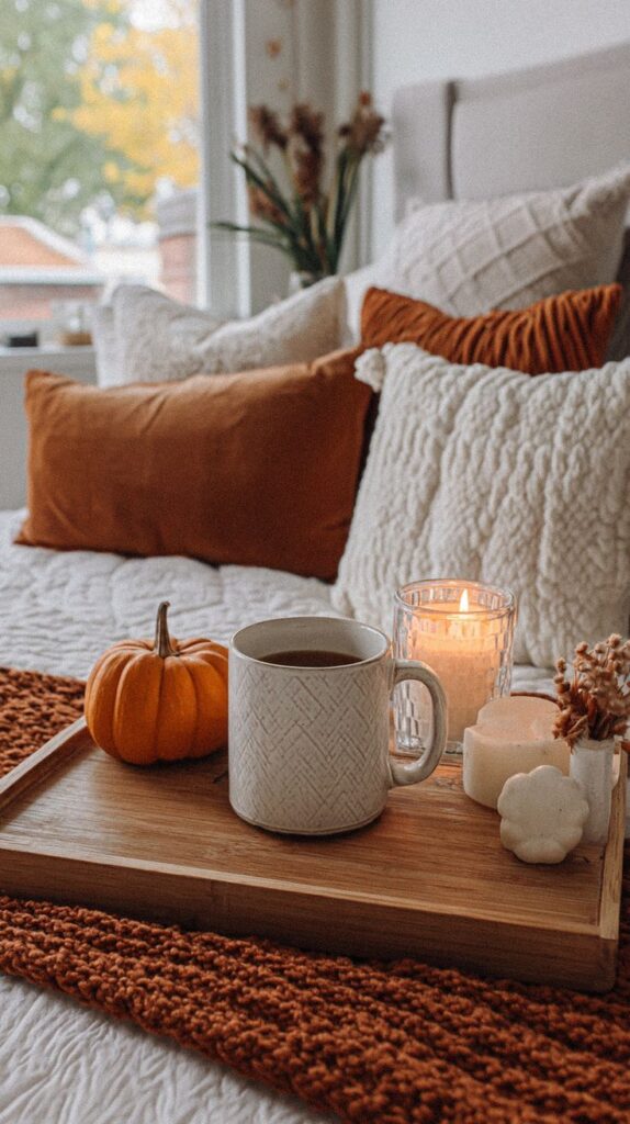Cozy autumn setup with pumpkin, mug, and candles on a wooden tray, surrounded by warm pillows, perfect for fall ambiance.