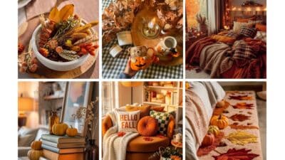 Cozy fall home decor: warm tones, pumpkins, autumn leaves, and soft blankets create a perfect autumn ambiance.