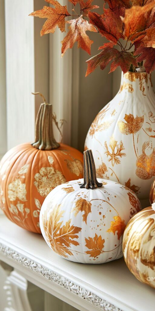 Elegant fall decor with pumpkins adorned in gold leaf patterns, alongside autumn foliage in a vase, perfect for seasonal inspiration.